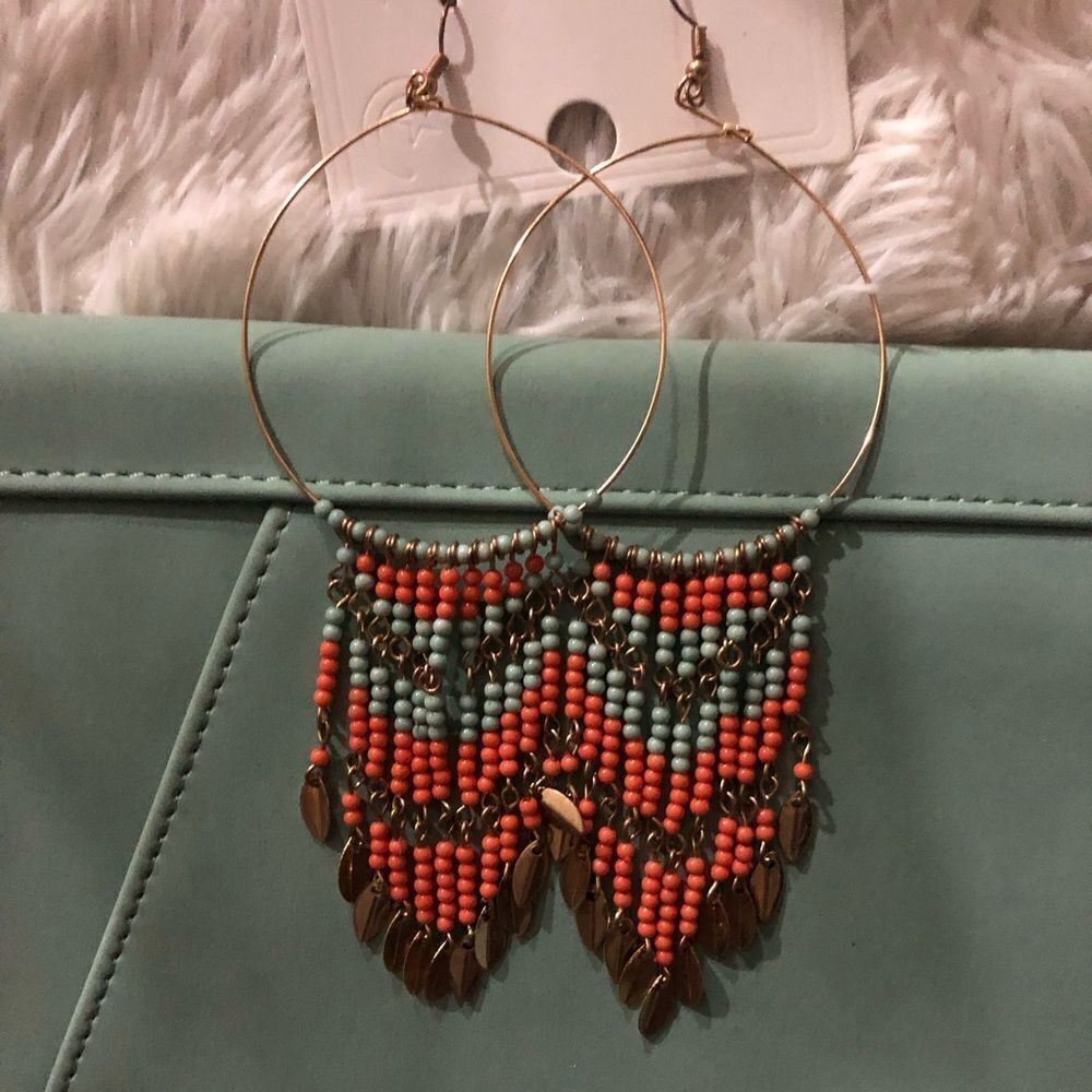 Boho large beaded loops orange & teal and bronze